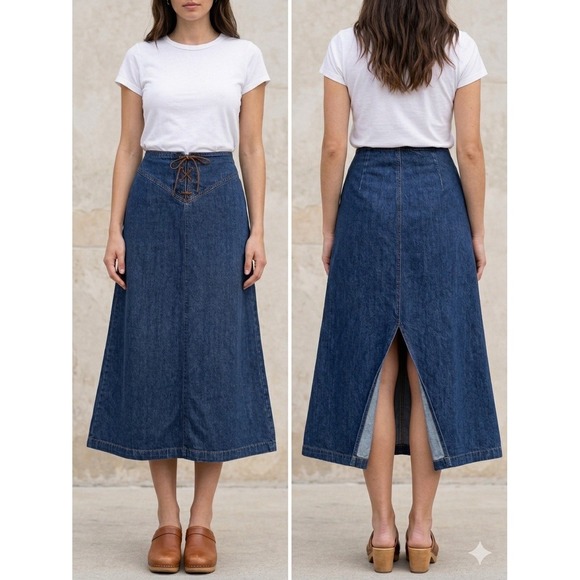bill blass Dresses & Skirts - Vintage Bill Blass Denim Midi Skirt Sz 10 Lace Up Corset Front Y2K Western Boho
